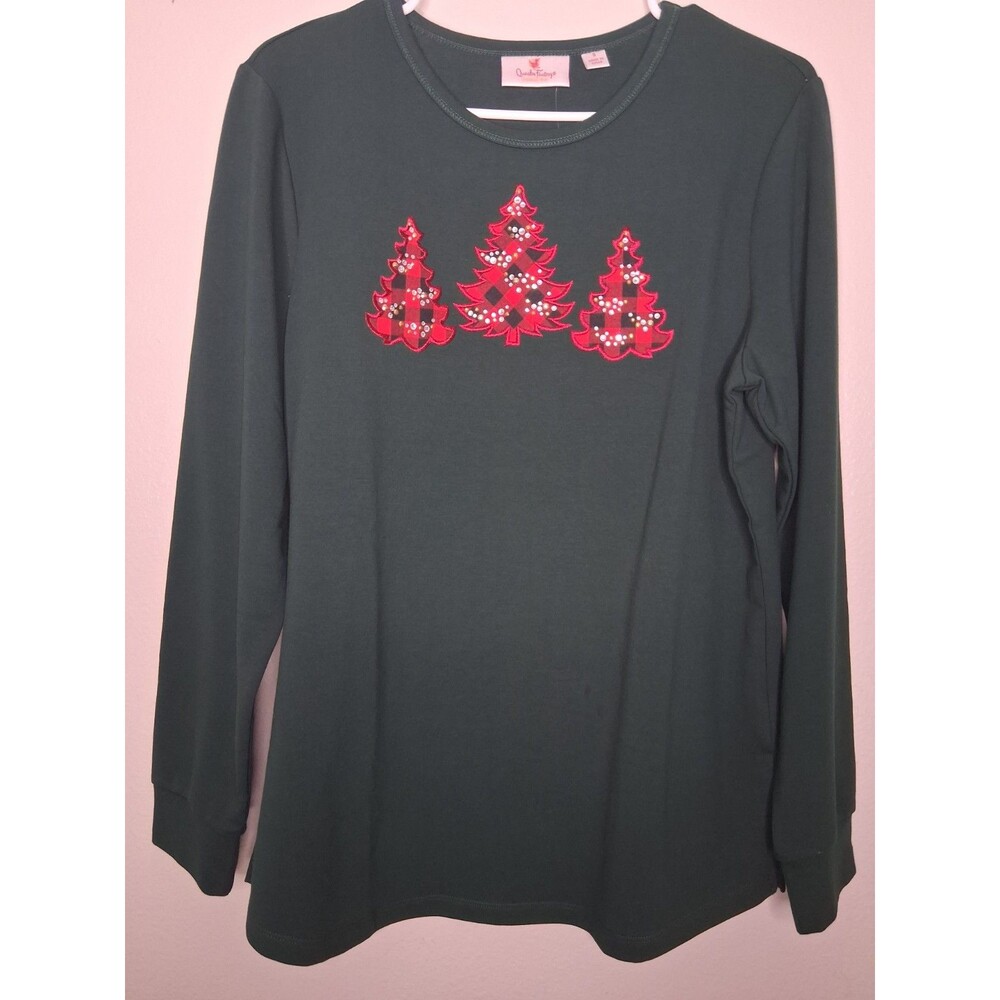 NWT Quacker Factory Embroidered Christmas Tree Embellished Green Sweatshirt S